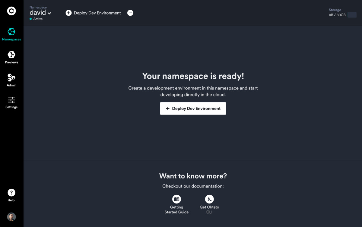 Okteto Namespace Landing Page